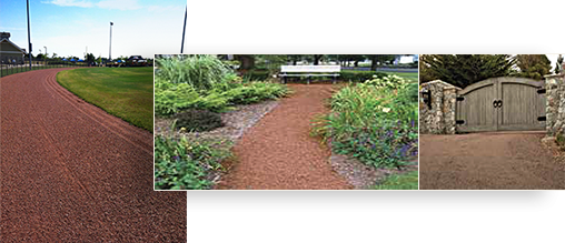 Examples of substrate being used on a baseball warning track, walking path, and driveway.